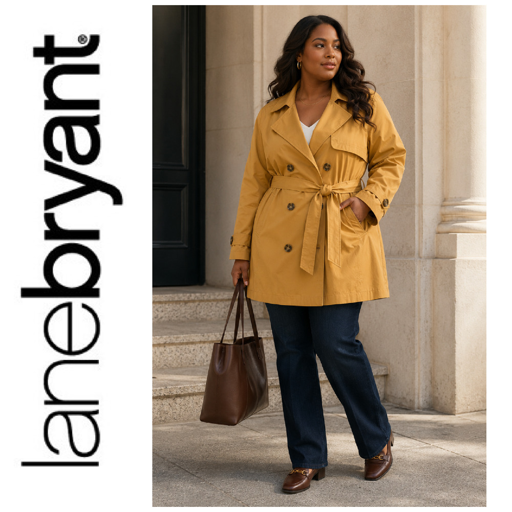 NWT Lane Bryant Sz 18 Golden Tan Short Trench Coat Belted Double Breasted